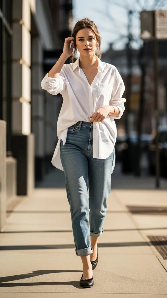 Mom Jeans Outfit With Oversized Button Up And Ballet Flats