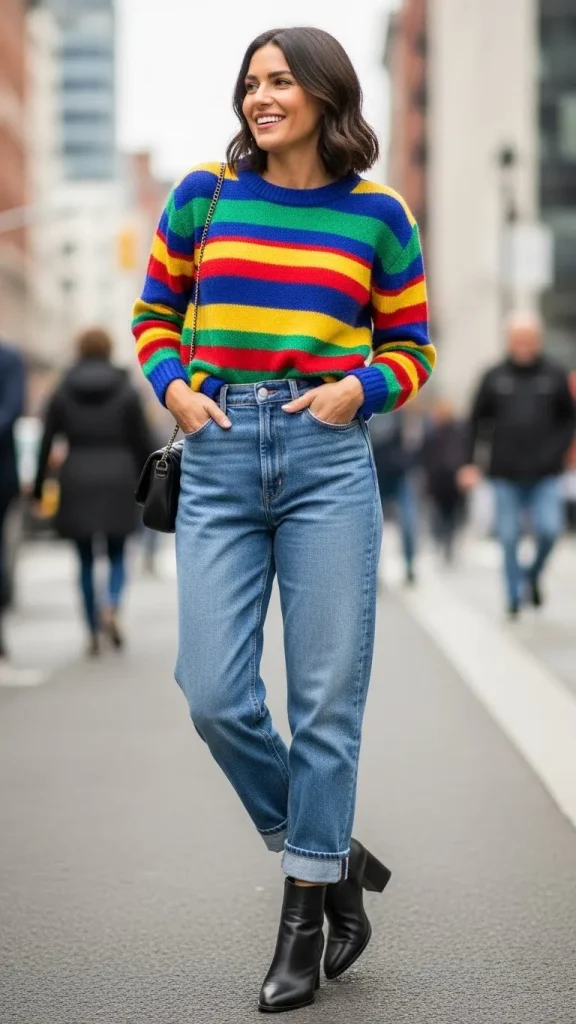 Mom Jeans Outfit With Striped Sweater And Ankle Boots 1