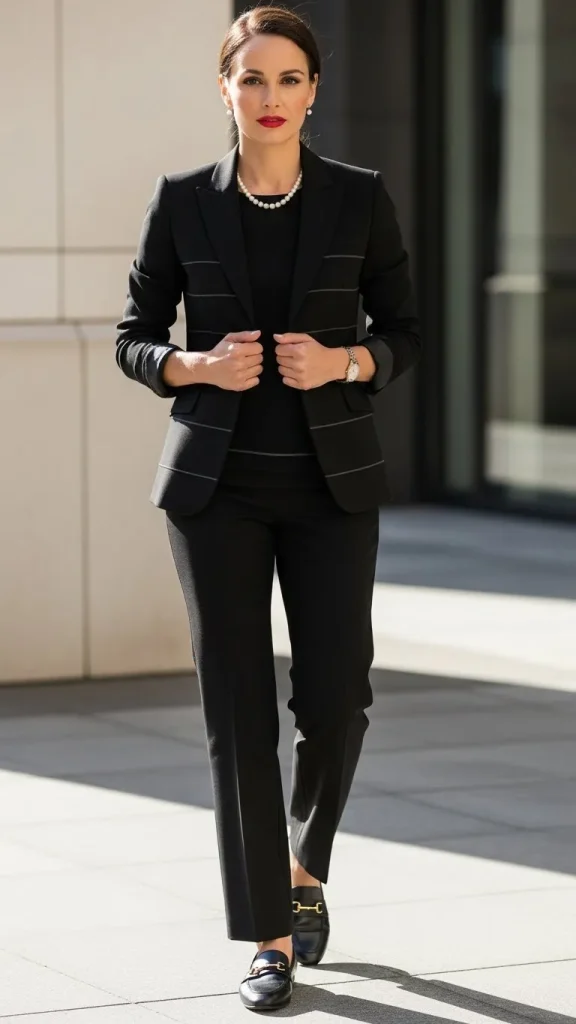 Monochrome Black Set with a Blazer Straight Leg Pants and Loafers