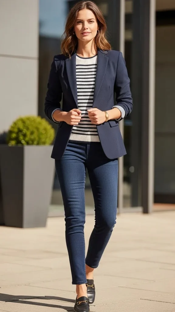 Navy Blazer with a Striped Knit Top and Slim Fit Jeans