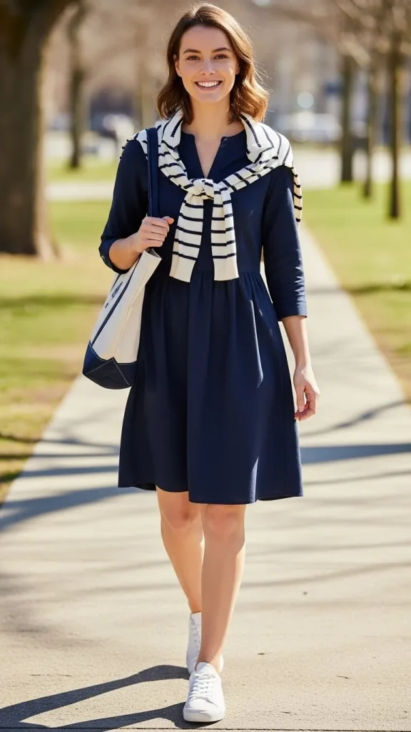 Navy Blue Dress with a Striped Sweater Over the Shoulders and White Sneakers