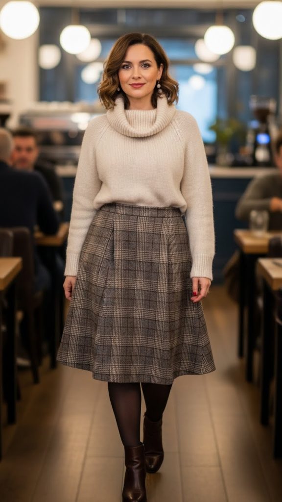 Neutral Turtleneck with Plaid Wool Skirt