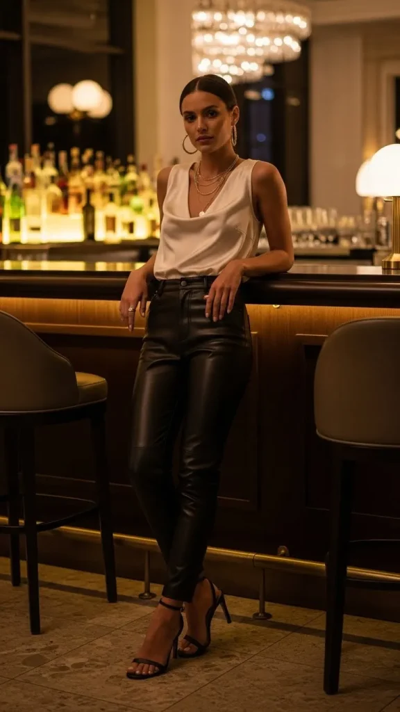 Nice Date Outfit with Satin Top Leather Pants