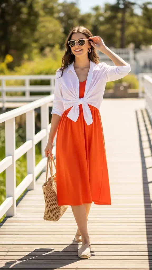 Orange Dress Outfit with a White Shirt Layered On Top and Espadrilles