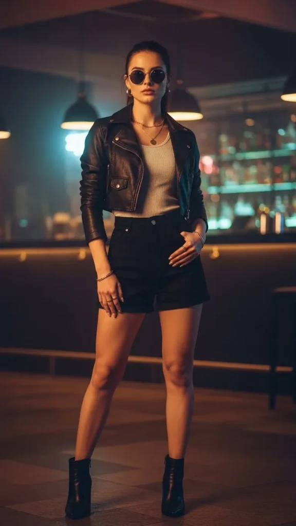 Outfits with Black Shorts Cropped Leather Jacket