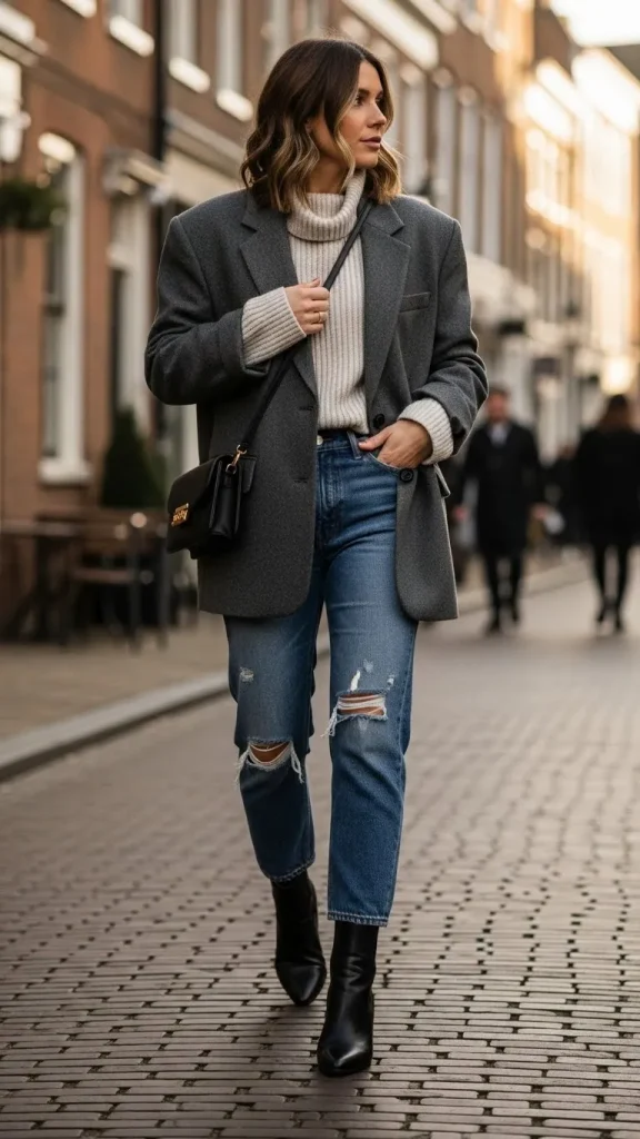 Oversized Blazer with Denim and Knit Top