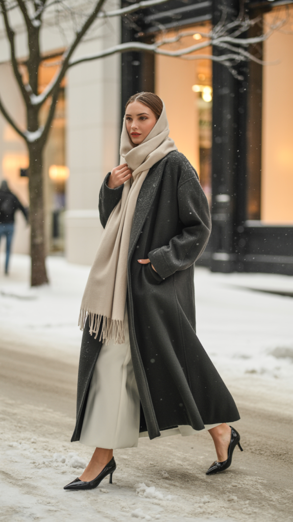 Oversized Coat with Scarf and Kitten Heels