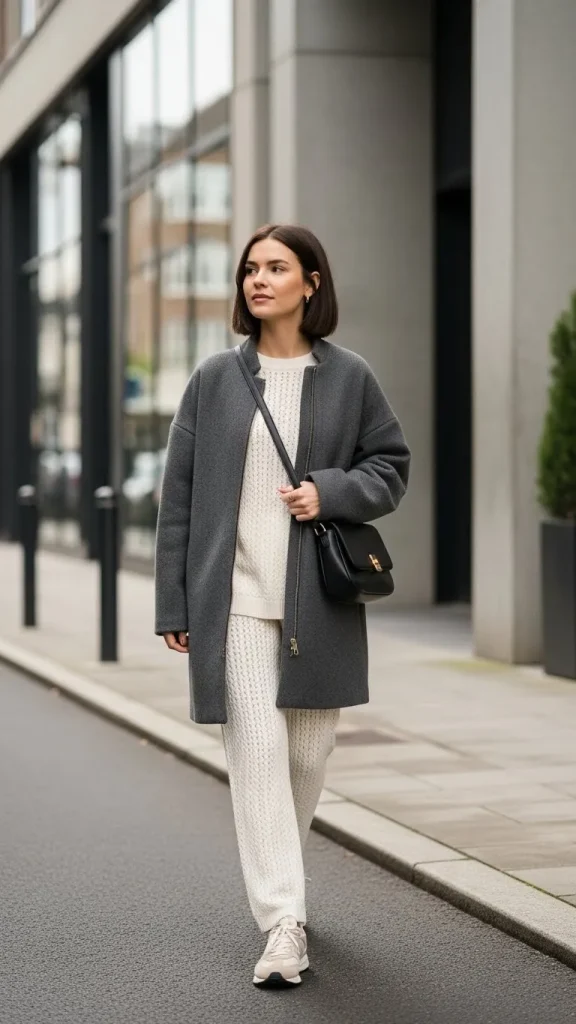 Oversized Coat with Zip Up and Pointelle Pants