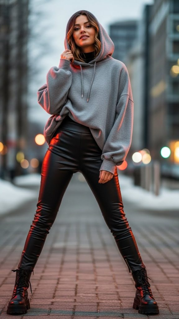 Oversized Hoodie with Faux Leather Pants