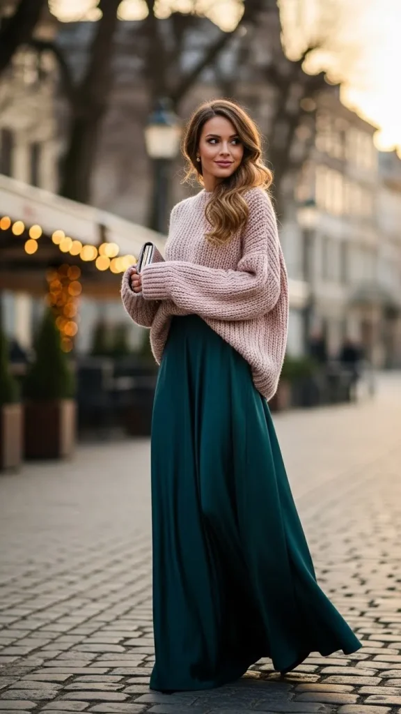 Oversized Knit Sweater with Satin Maxi Skirt