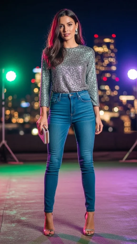 Party Outfit with Skinny Jeans Glitter Top