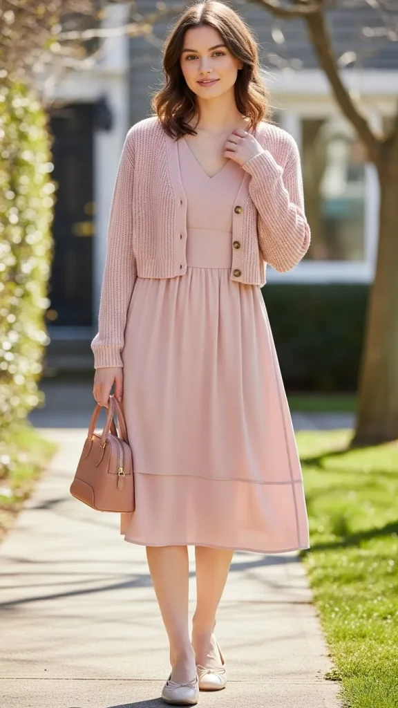 Pink Dress Outfit Styled with a Cropped Cardigan and Ballet Flats 1
