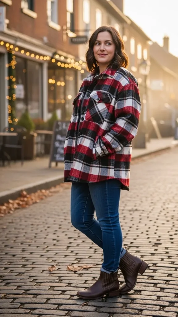 Plaid Shacket with Skinny Jeans and Boots