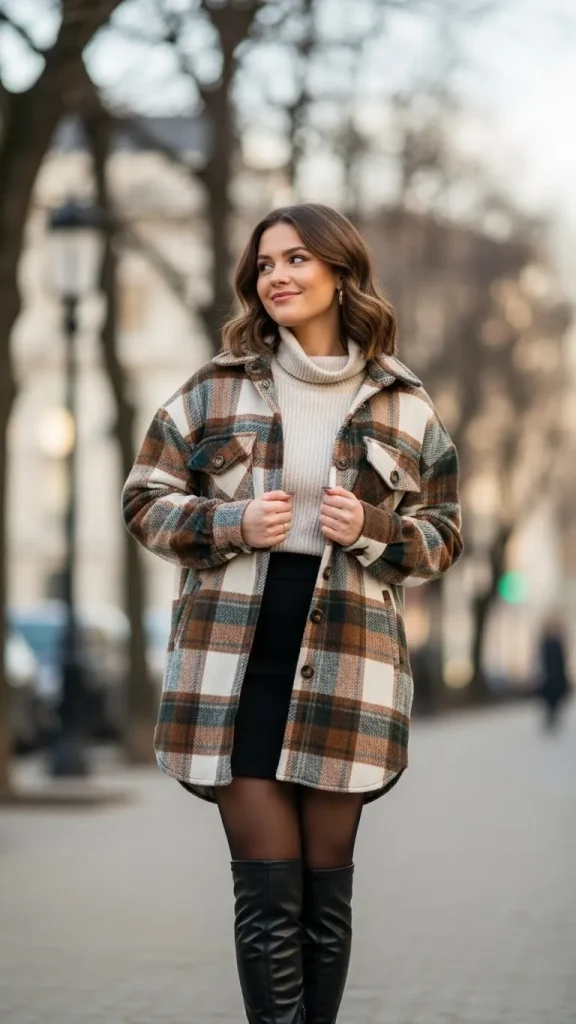 Plaid Shacket with Turtleneck and Mini Skirt
