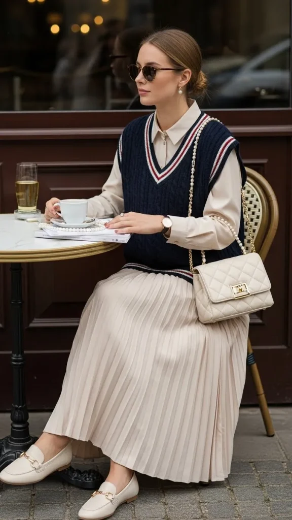 Pleated Long Skirt with Knit Vest Shirt