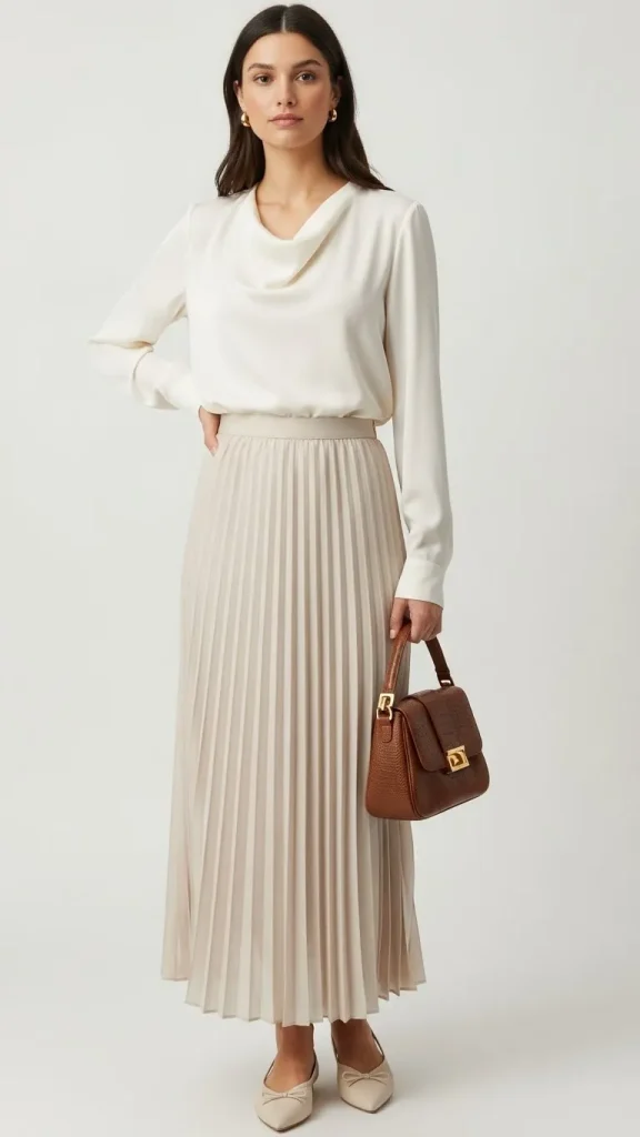 Pleated Long Skirt with Silk Blouse