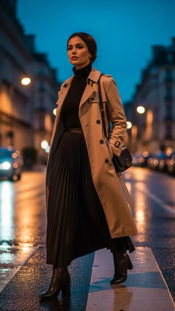 Pleated Long Skirt with Trench Coat Turtleneck 1