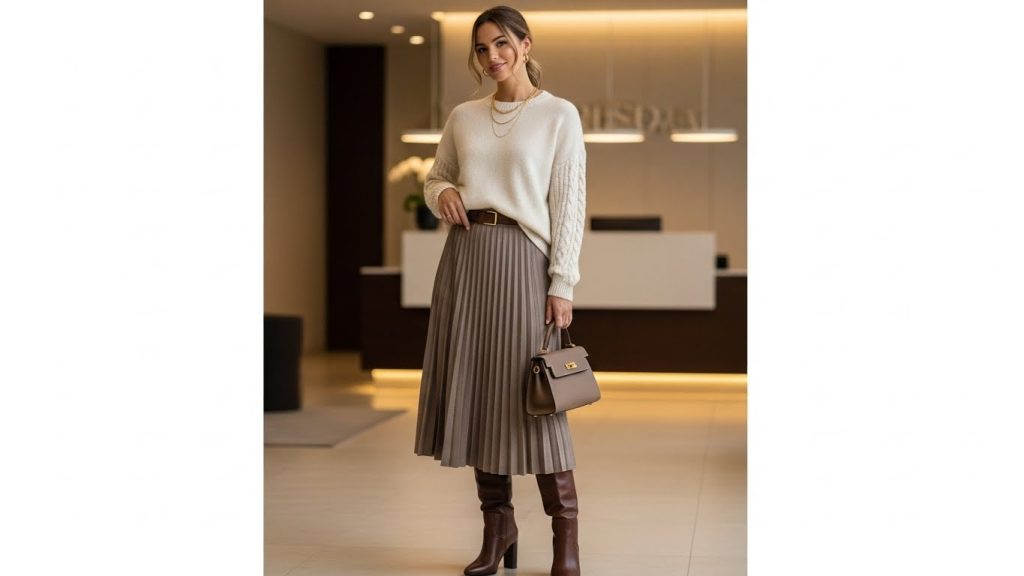 Pleated Midi Skirt with a Cashmere Sweater