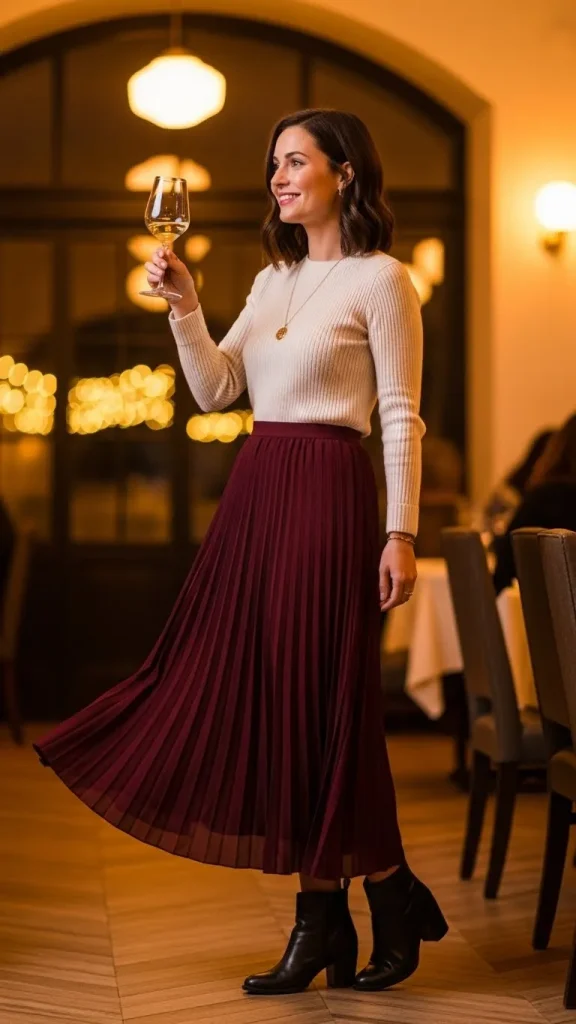 Pleated Skirt with a Fitted Knit Top and Ankle Boots