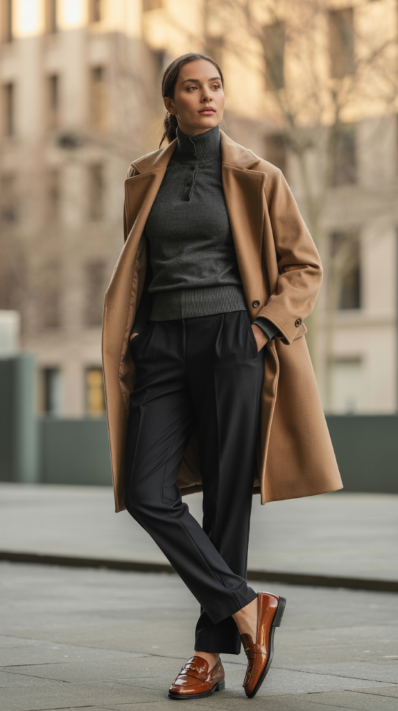Polo Neck Sweater with Tailored Coat and Loafers 1