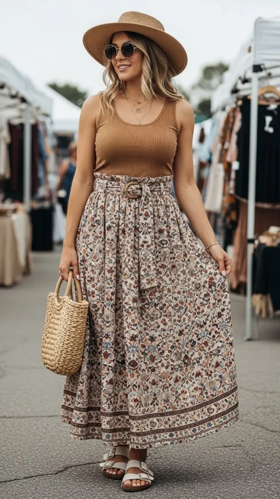 Printed Long Skirt with Tank Belt