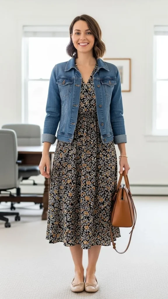 Printed Midi Dress with a Denim Jacket and Ballet Flats