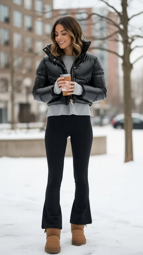 Puffer Jacket with Flared Leggings and Shearling Boots