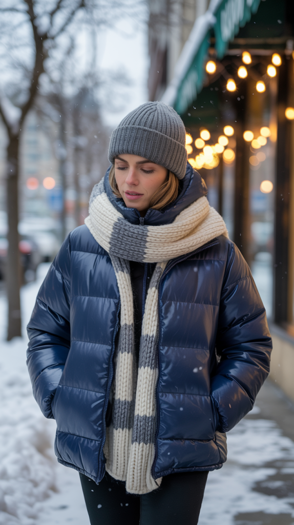Puffer Jacket with Wool Scarf and Beanie
