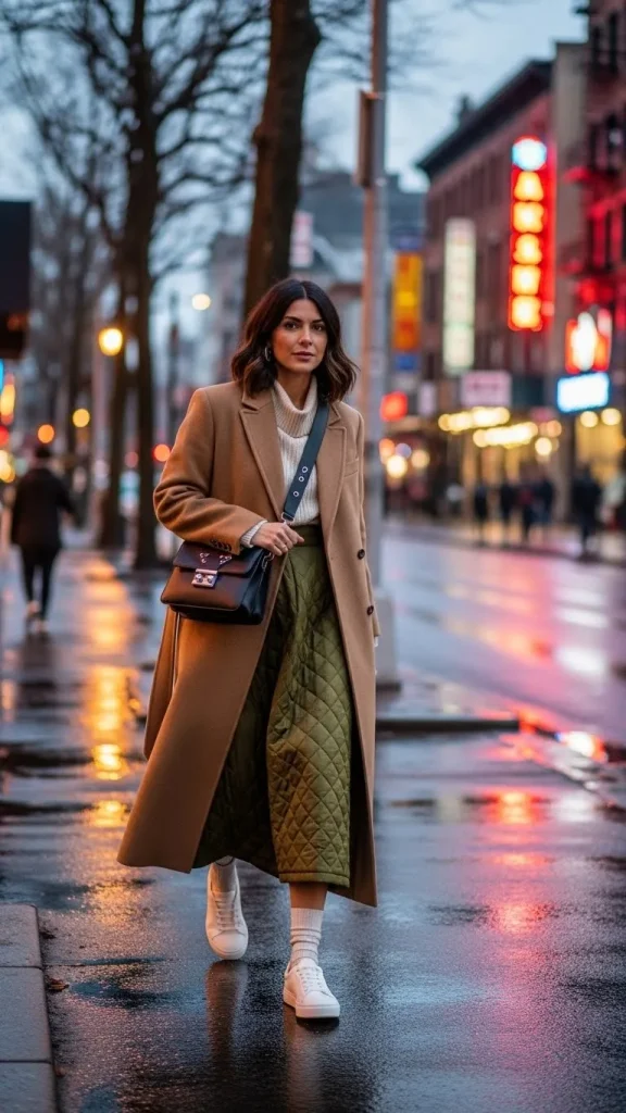 Quilted Skirt with Long Coat and Sneakers