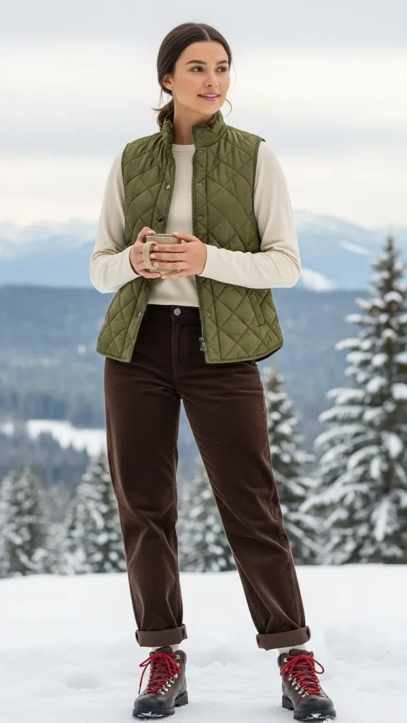 Quilted Vest with Long Sleeve Tee and Corduroy Pants