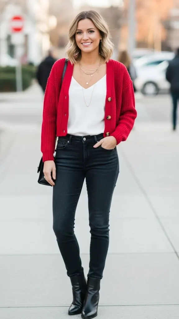 Red Cardigan with a White Silk Cami and Dark Jeans with Ankle Boots