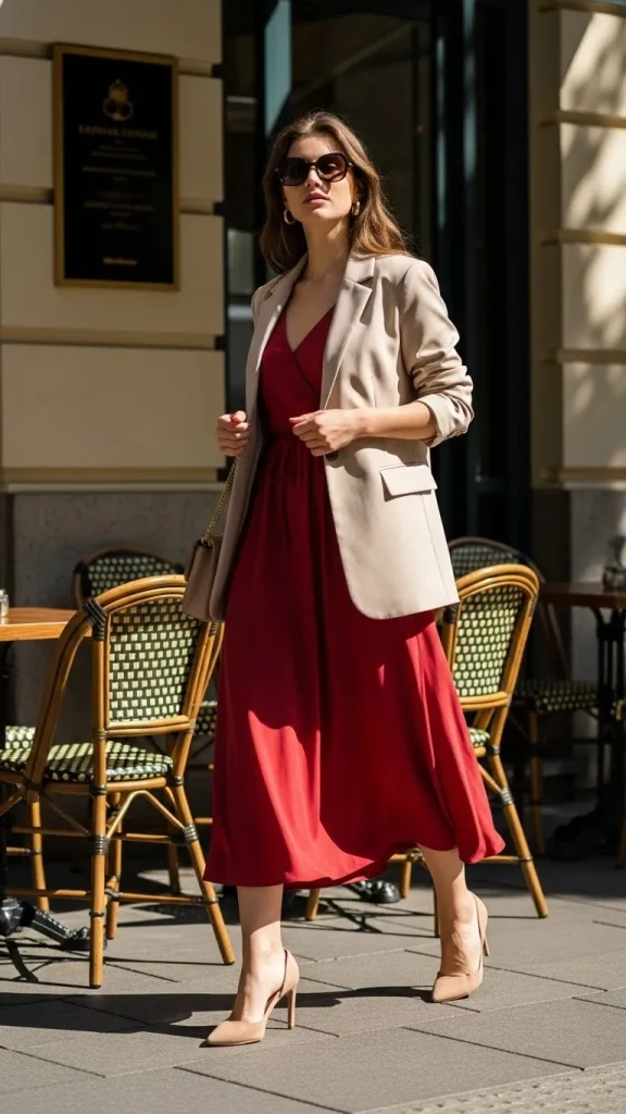 Red Dress Outfit Paired with a Beige Blazer and Nude Heels