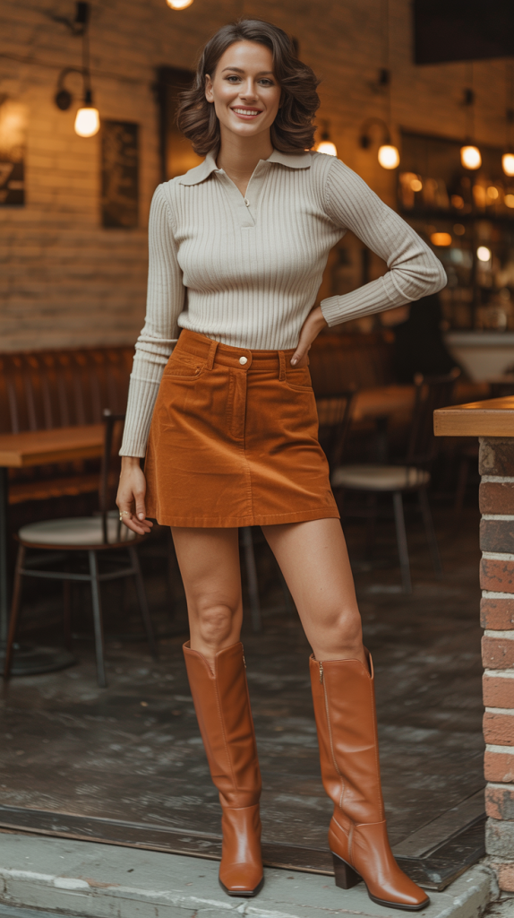 Ribbed Polo Sweater Corduroy Skirt Knee Boots