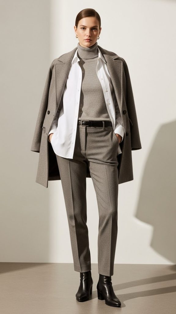 Roll Neck White Shirt Tailored Trousers