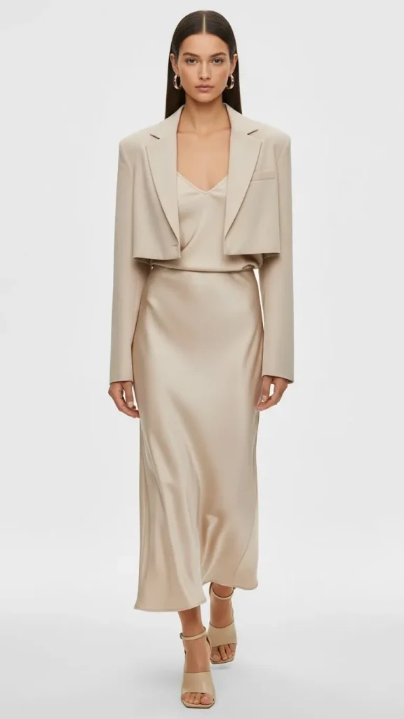 Satin Long Skirt with Cropped Blazer