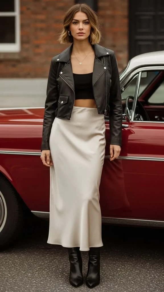 Satin Long Skirt with Cropped Leather Jacket