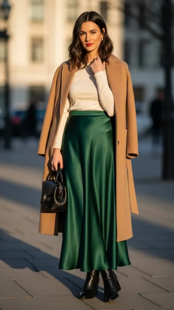 Satin Maxi Skirt with Fitted Long Sleeve Top