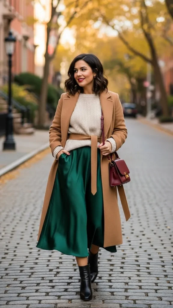 Satin Midi Skirt with Chunky Knit and Belted Coat