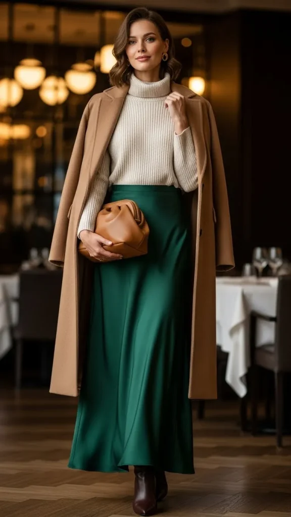 Satin Slip Skirt with Turtleneck Layers