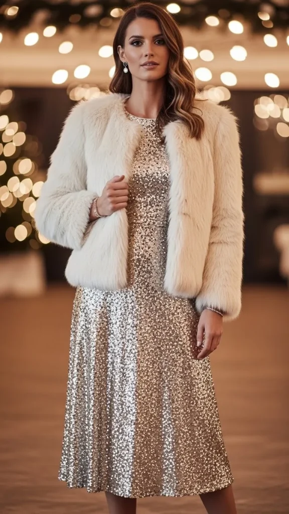 Sequin Midi Dress with Faux Fur Jacket