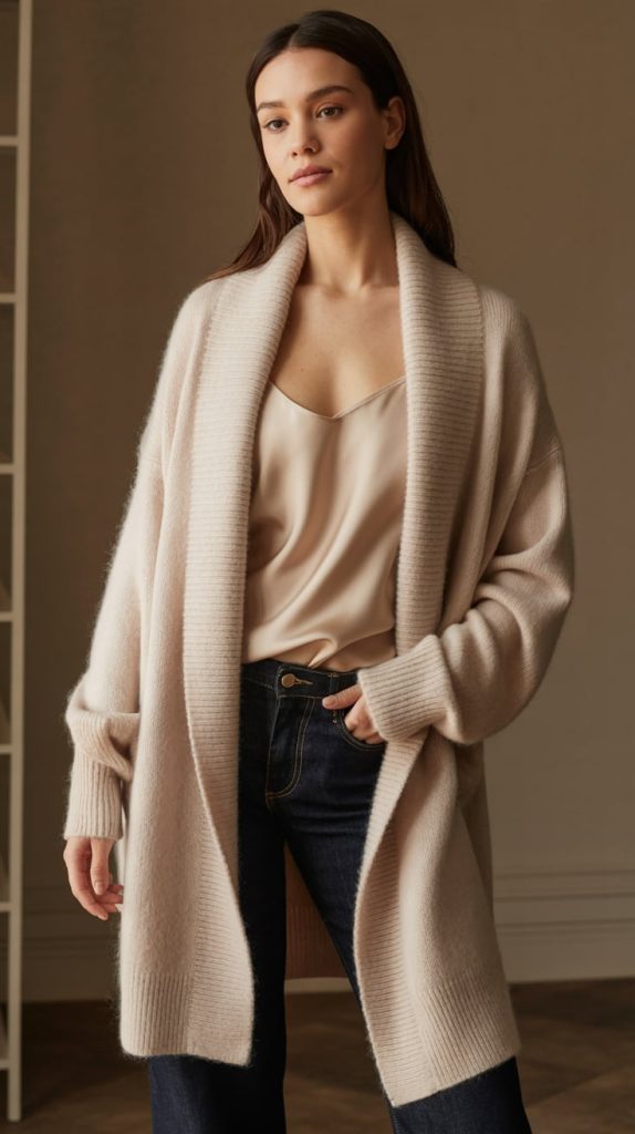 Shawl Collar Cardigan Silk Camisole Jeans