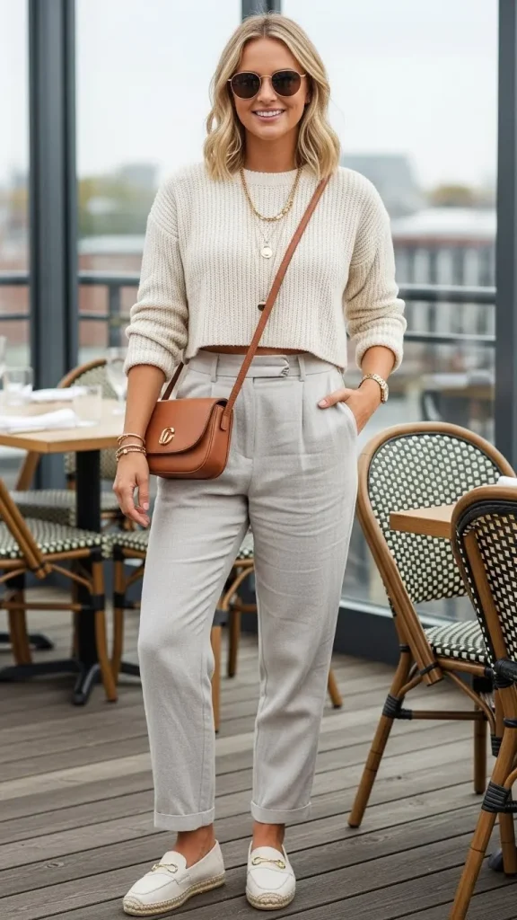 Smart Casual Outfit with Cropped Sweater Linen Trousers