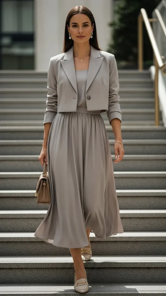 Smart Casual Outfit with Midi Skirt Cropped Blazer