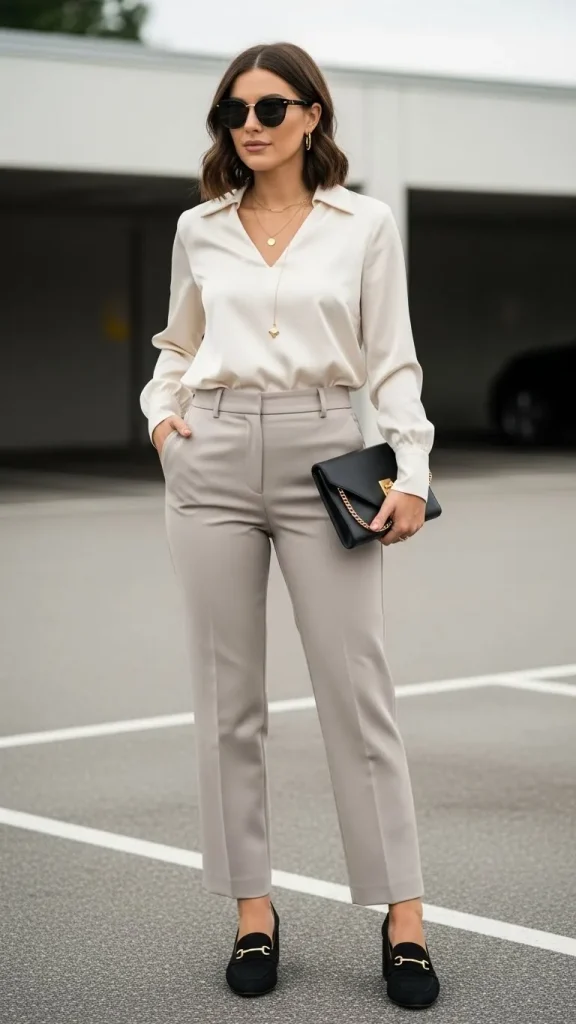 Smart Casual Outfit with Straight Leg Pants Satin Blouse