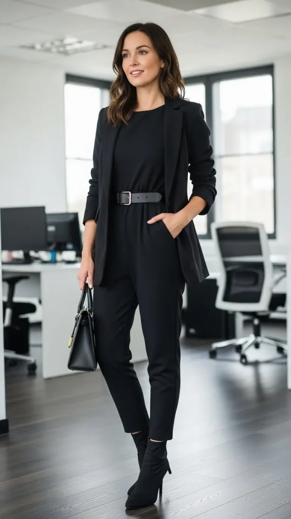 Smart Casual Work Outfit with Jumpsuit Belted Blazer