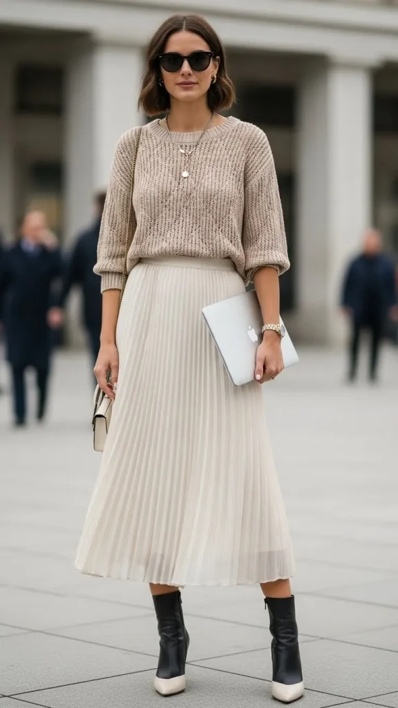 Smart Casual Work Outfit with Pleated Midi Skirt Knit Top
