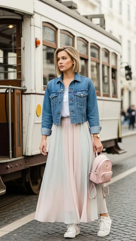 Soft Long Skirt with Denim Jacket