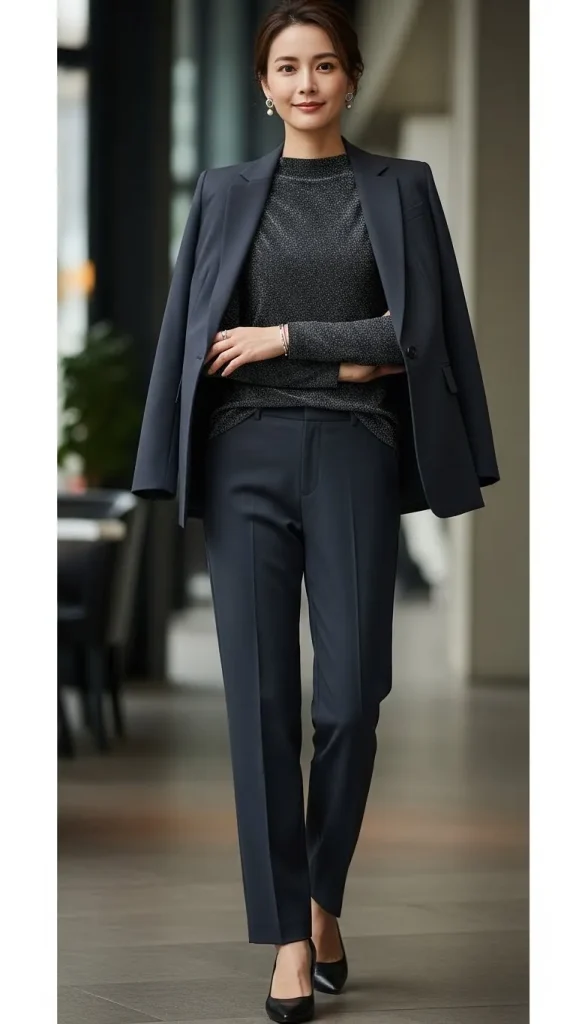 Sparkly Top with Tailored Blazer and Straight Leg Pants