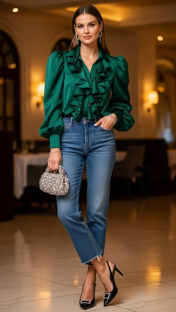 Straight Jeans with a Statement Blouse and Slingback Heels