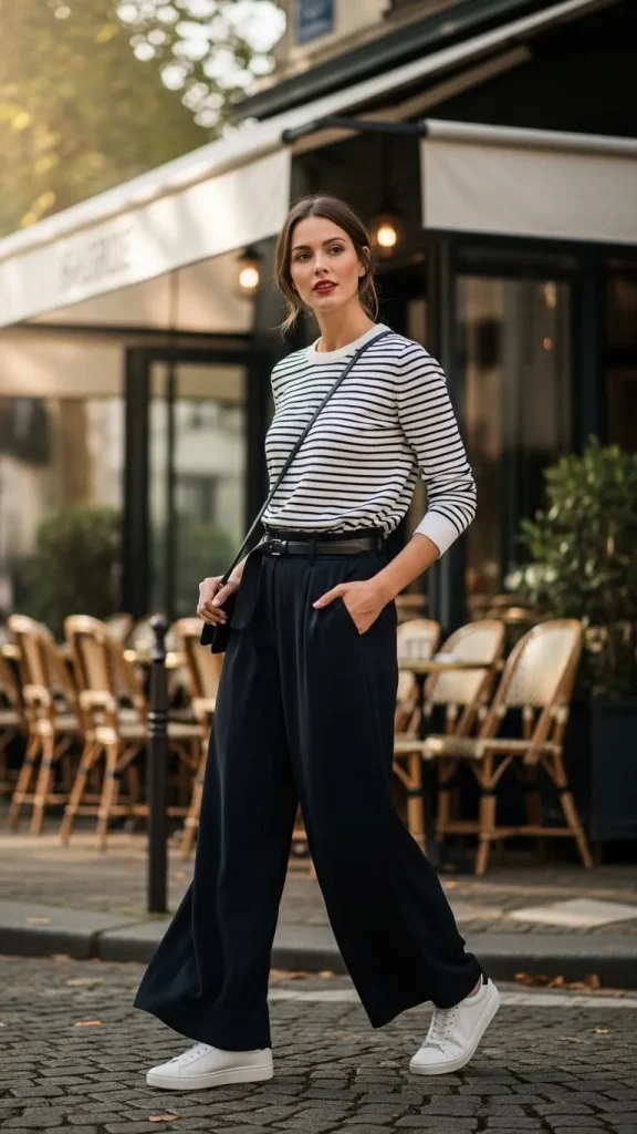 Striped Jumper with Wide Leg Pants and Sneakers